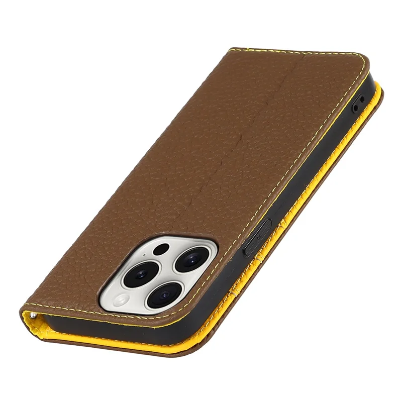 For iPhone 15 Pro Case Genuine Cow Leather Litchi Texture Phone Shell Wallet Cover - Khaki