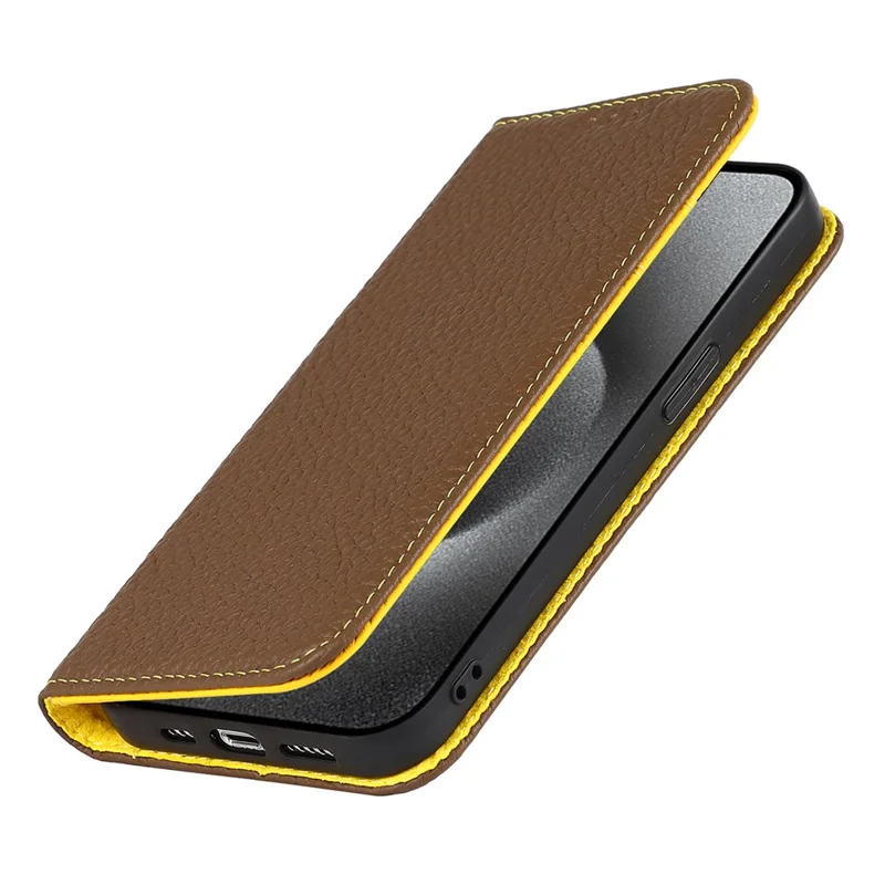 For iPhone 15 Pro Case Genuine Cow Leather Litchi Texture Phone Shell Wallet Cover - Khaki