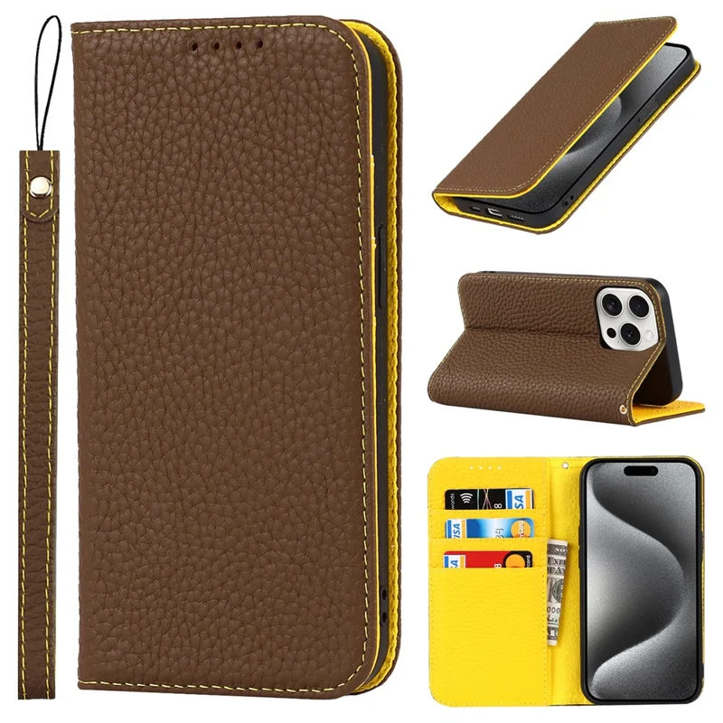 For iPhone 15 Pro Case Genuine Cow Leather Litchi Texture Phone Shell Wallet Cover - Khaki