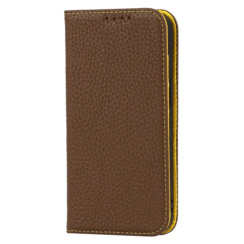For iPhone 15 Pro Case Genuine Cow Leather Litchi Texture Phone Shell Wallet Cover - Khaki