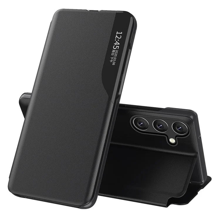 For Samsung Galaxy A05s 4G Case View Window PU Leather Stand Cover - Black