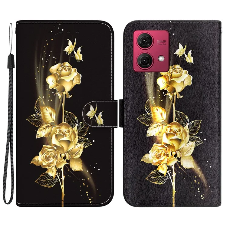 Para Motorola Moto G84 5G Case Pattern Printing Phone Wallet Cover - Gold Butterfly Rose