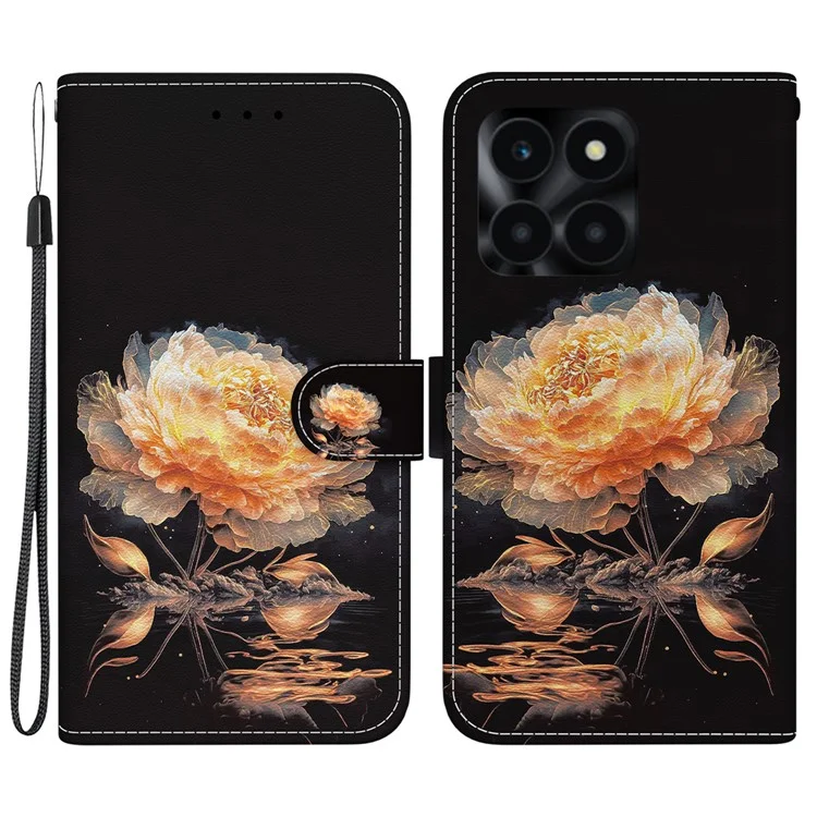 Capa de couro com estampa Para Honor X6a 4G - Peônia dourada 
