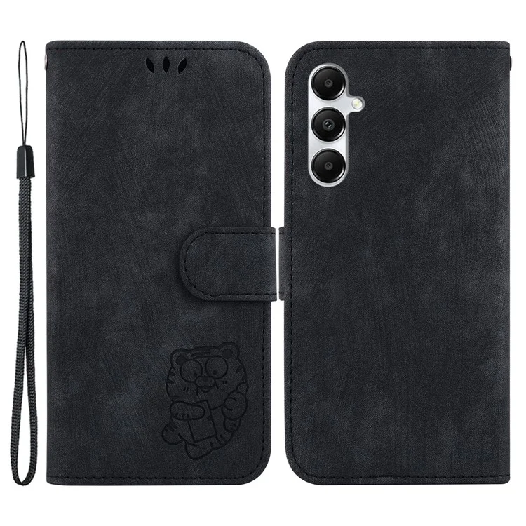 For Samsung Galaxy A05s 4G Cute Tiger Imprint PU Leather Stand Phone Cover - Black