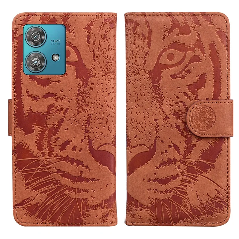 For Motorola Edge 40 Neo 5G Case PU Leather Tiger Imprinted Phone Cover - Brown