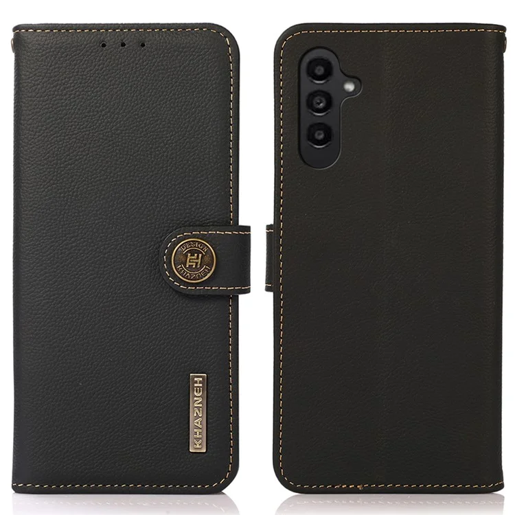 KHAZNEH para Samsung Galaxy A15 4G Case Genuine Piel de Vaca Bloqueo RFID Cubierta del Teléfono de Pie - Negro