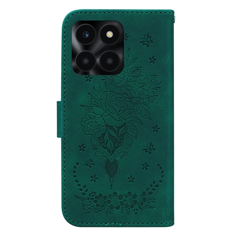 For Honor X6a 4G Case Wallet PU Leather Rose Butterfly Imprinted Phone Cover - Green