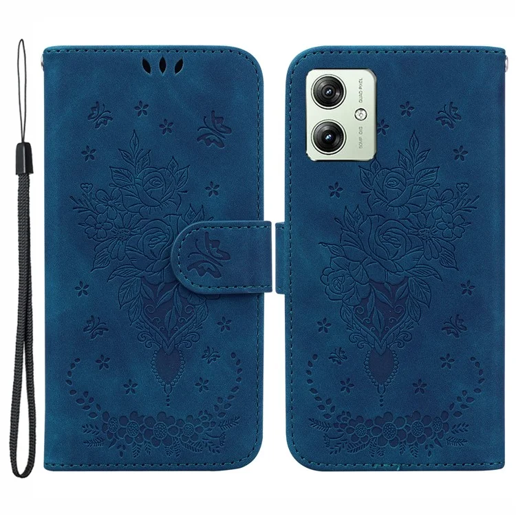 Para Motorola Moto G54 5G Case PU Leather Rose Butterfly Imprint Stand Phone Cover - Blue