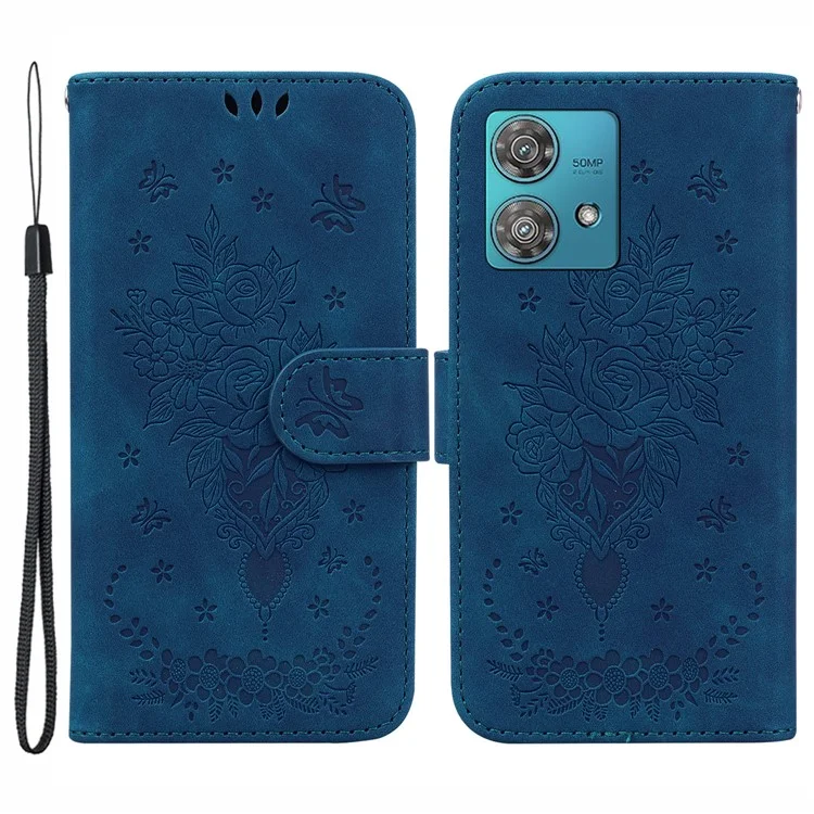 Para el caso del Motorola Edge 40 Neo 5G, funda de cartera de piel sintética con estampado de rosas y mariposas - Azul