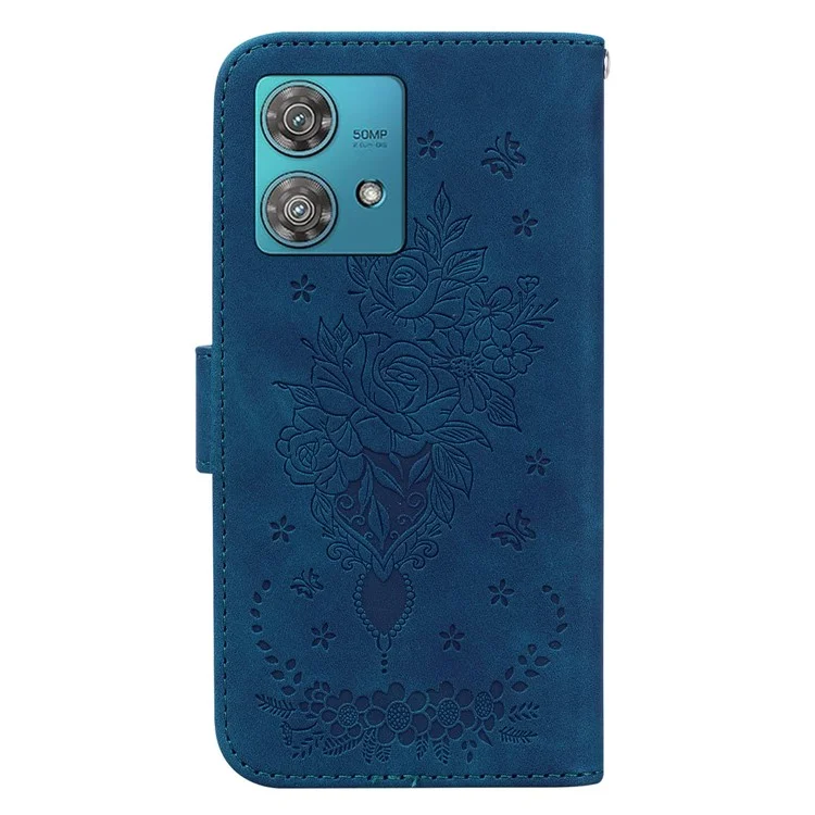 Para el caso del Motorola Edge 40 Neo 5G, funda de cartera de piel sintética con estampado de rosas y mariposas - Azul