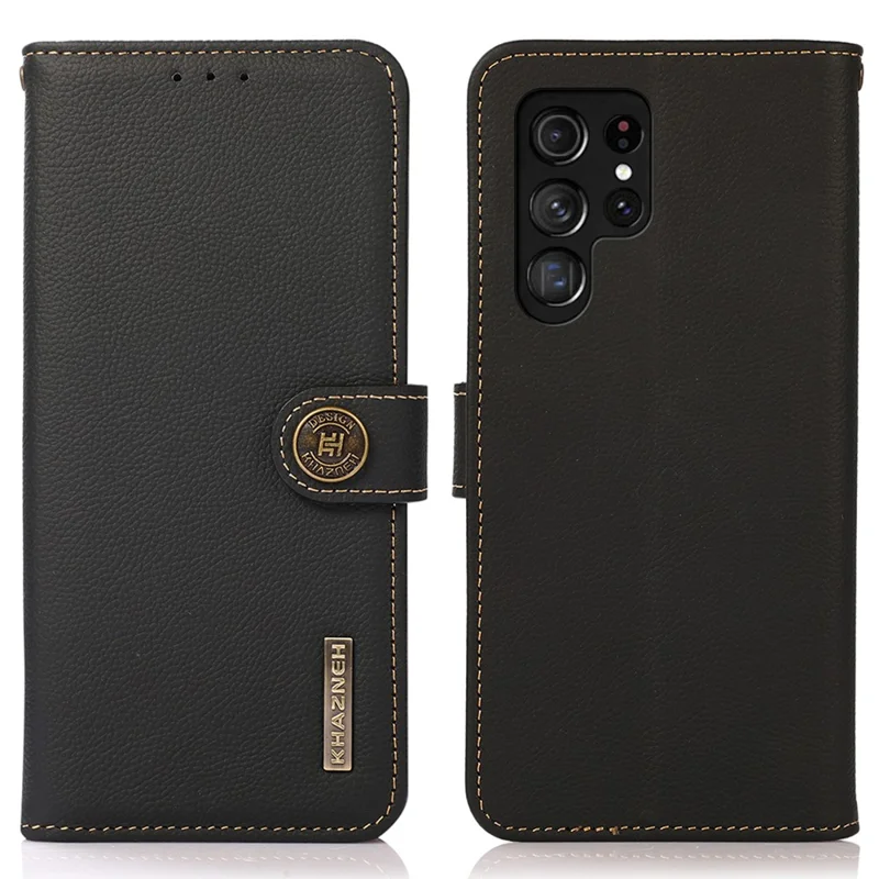 KHAZNEH Para Capa Samsung Galaxy S24 Ultra Case Resistente a Choques Couro Genuíno de Vaca - Preto