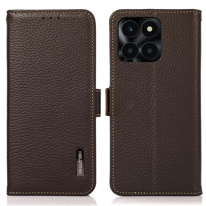 KHAZNEH For Honor X6a 4G Case Genuine Cow Leather Wallet Phone Shell RFID Blocking Cover - Castanho