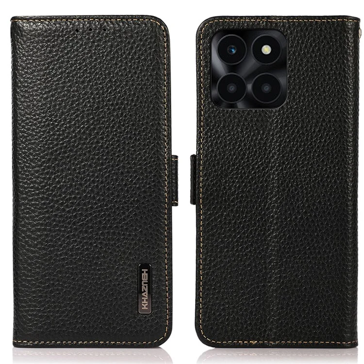 KHAZNEH For Honor X6a 4G Case Genuine Cow Leather Wallet Phone Shell RFID Blocking Cover - Black
