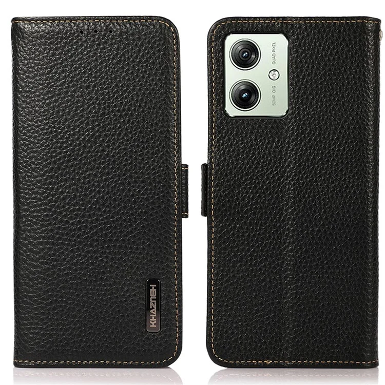 KHAZNEH Para Motorola Moto G54 5G Case Genuine Cow Leather RFID Blocking Wallet Phone Cover - Preto