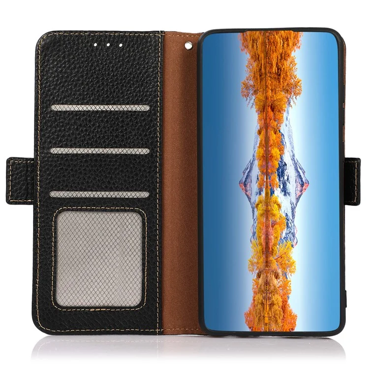 KHAZNEH Para Motorola Moto G54 5G Case Genuine Cow Leather RFID Blocking Wallet Phone Cover - Preto