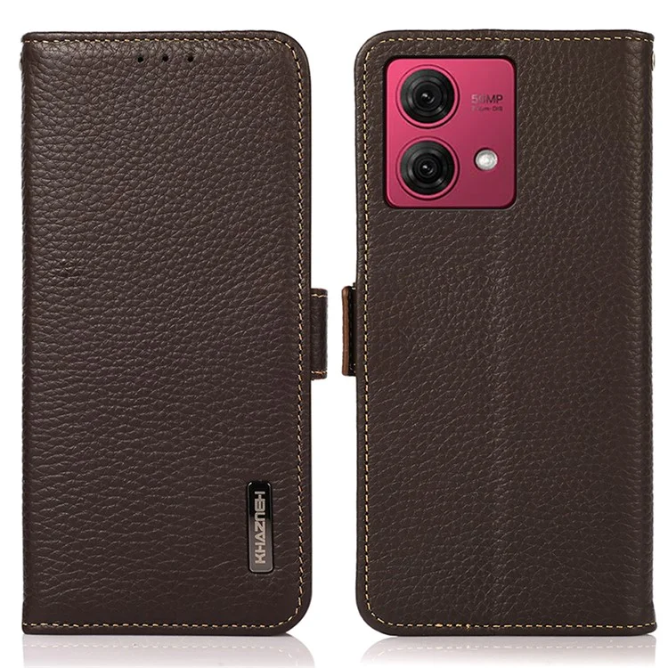 KHAZNEH Para Motorola Moto G84 5G Case Genuine Cow Leather Wallet Anti-Scratch Phone Cover - Marrom
