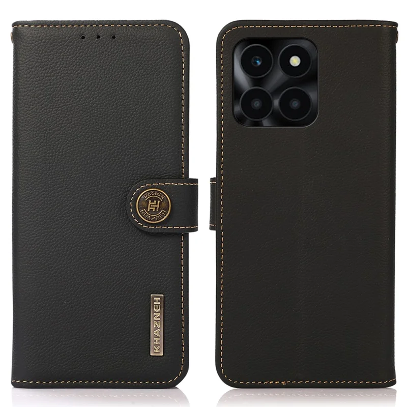 KHAZNEH For Honor X6a 4G Case Genuine Cow Leather RFID Blocking Stand Phone Cover - Schwarz