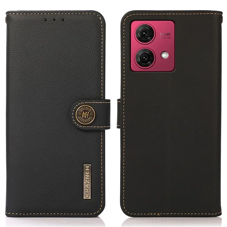 KHAZNEH Para Motorola Moto G84 5G Capa Bloqueio RFID Folio Couro Genuine de Vaca Capa de Telefone - Preto