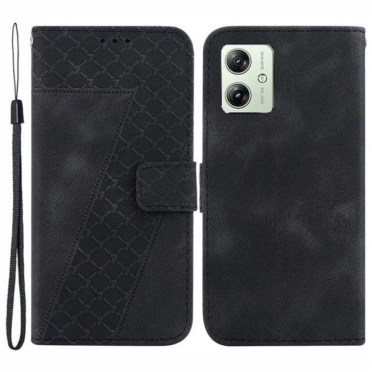 For Motorola Moto G54 5G Leather Case 7-Shape Imprint Cellphone Wallet Stand Cover - Black