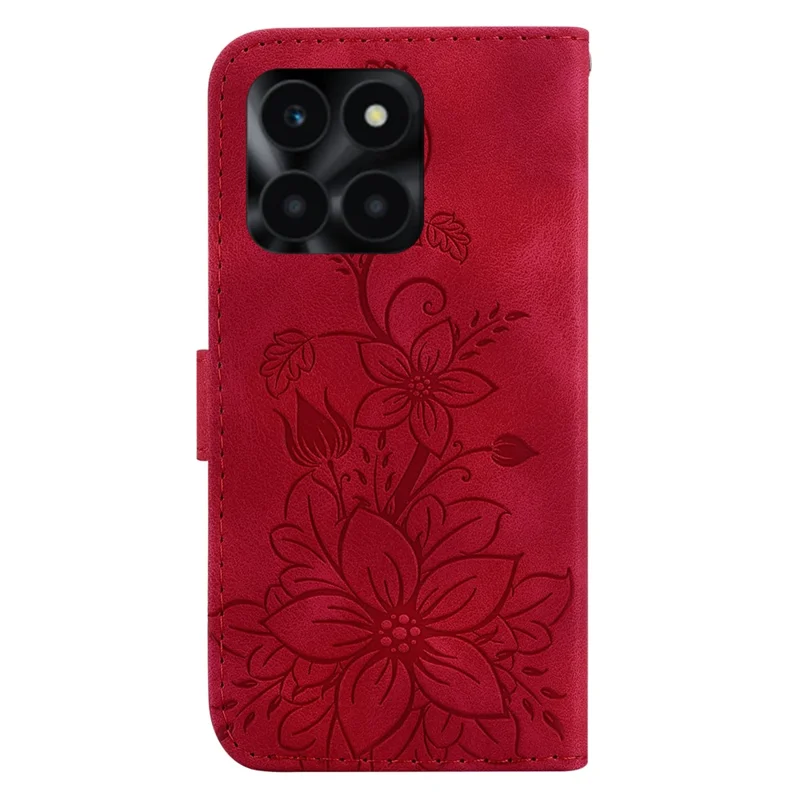 For Honor X6a 4G Leather Case Lily Flower Pattern Phone Cover with Stand Wallet - Red