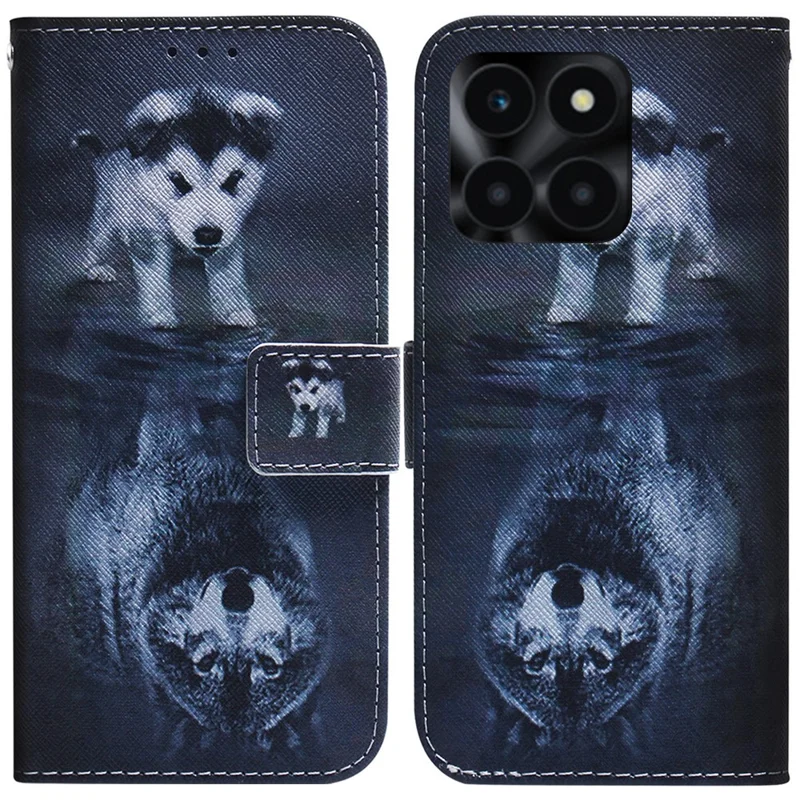 For Honor X6a 4G Case PU Leather Pattern Printing Wallet Protective Phone Cover - Dog and Wolf
