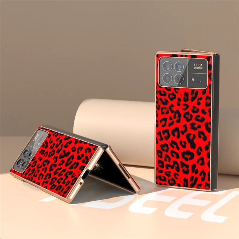 For Xiaomi Mix Fold 3 5G Case Leopard Pattern Leather+PC Slim Fit Electroplating Phone Cover - Red