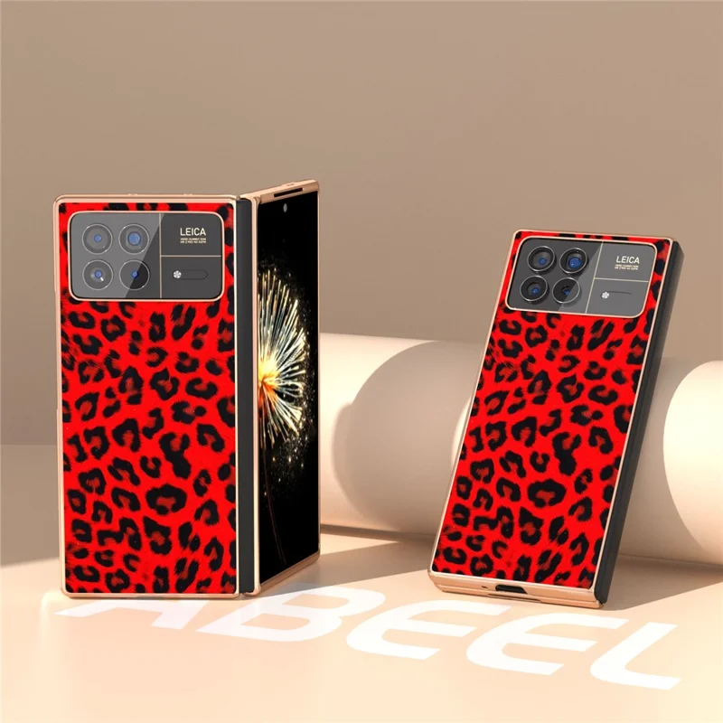 For Xiaomi Mix Fold 3 5G Case Leopard Pattern Leather+PC Slim Fit Electroplating Phone Cover - Red