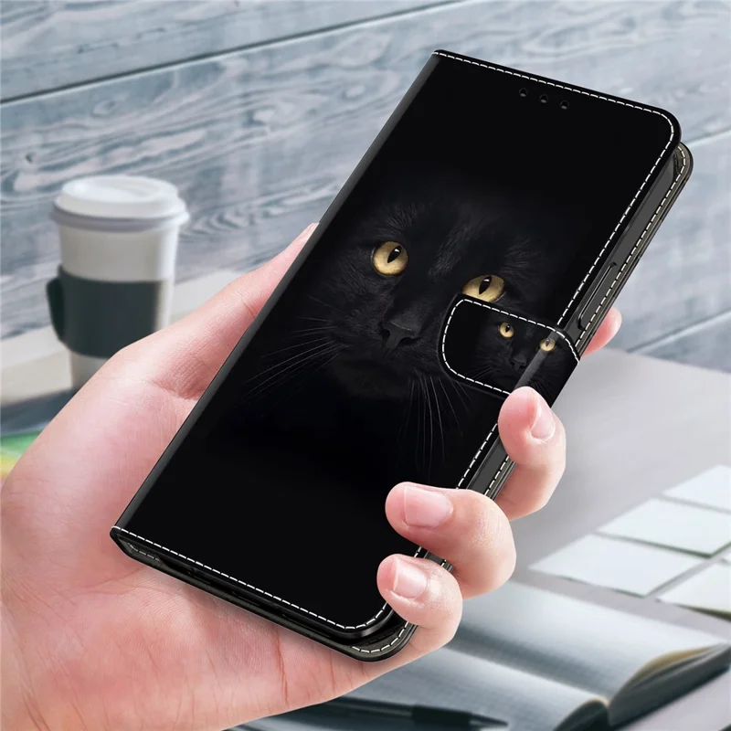 For Samsung Galaxy A15 4G Case Anti-scratch PU Leather 3D Pattern Phone Cover - Black Cat