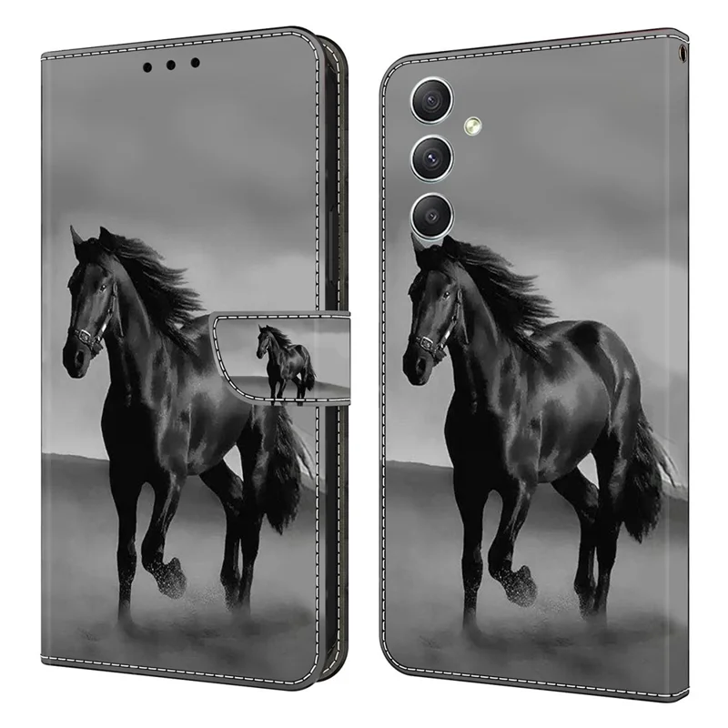 For Samsung Galaxy A15 4G Case Anti-scratch PU Leather 3D Pattern Phone Cover - Black Horse