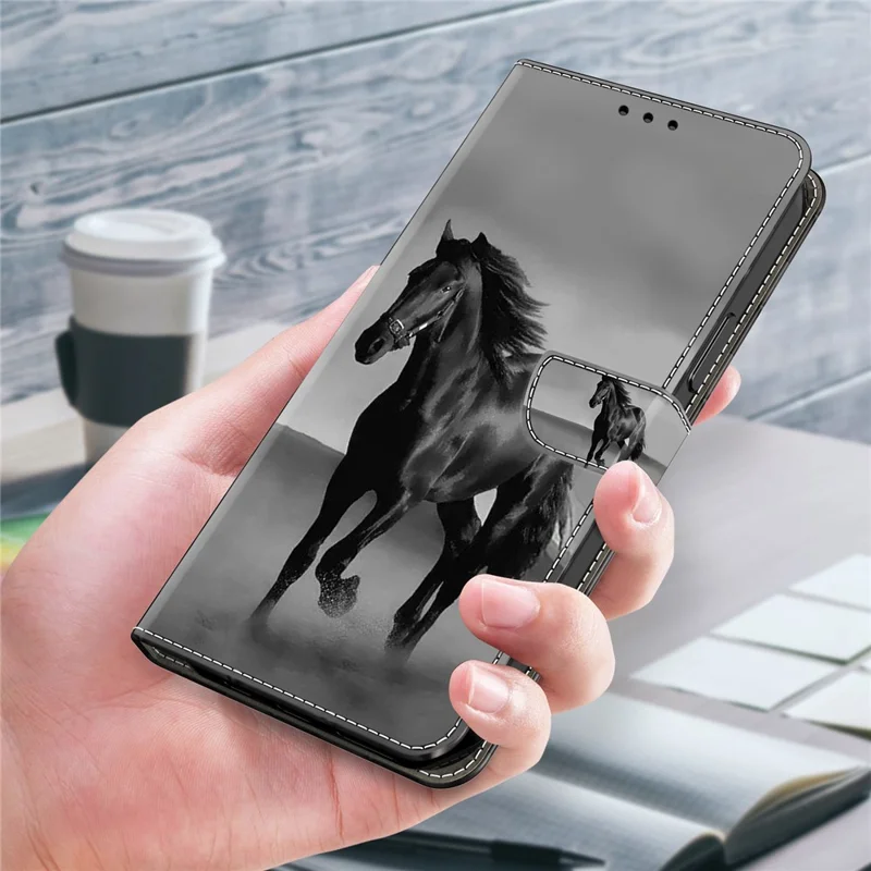 For Samsung Galaxy A15 4G Case Anti-scratch PU Leather 3D Pattern Phone Cover - Black Horse