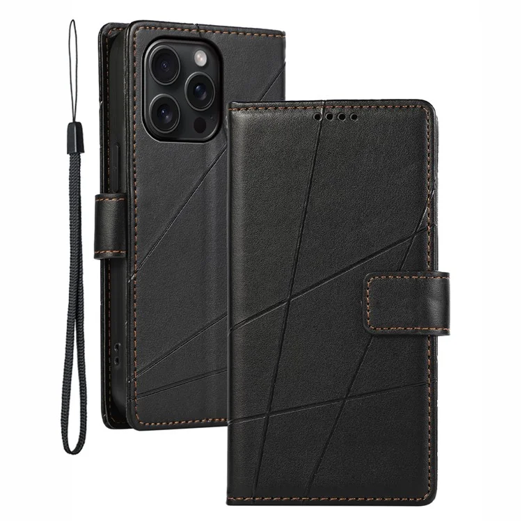DF-06 For iPhone 15 Pro Case Lines Imprinted Cell Phone Leather Cover - Schwarz