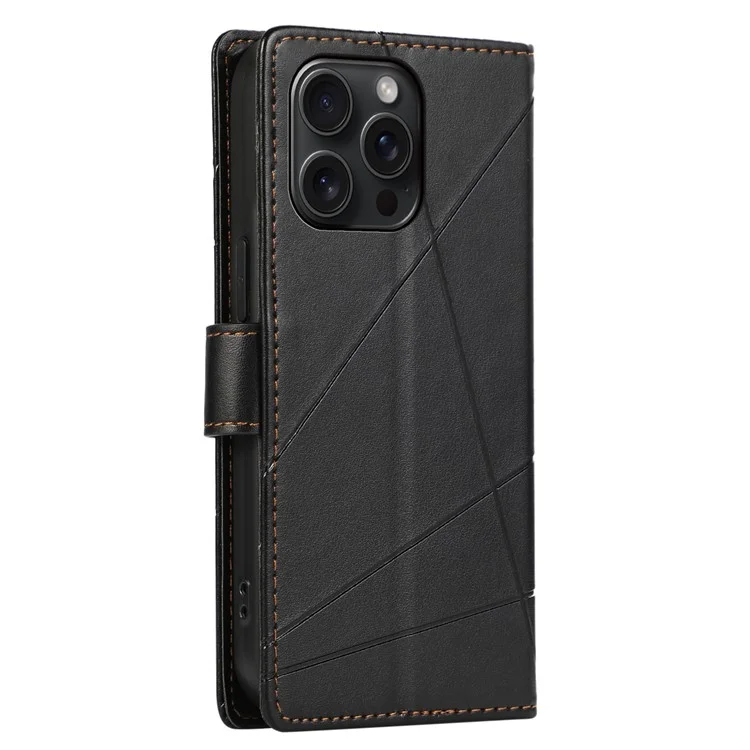DF-06 For iPhone 15 Pro Case Lines Imprinted Cell Phone Leather Cover - Schwarz