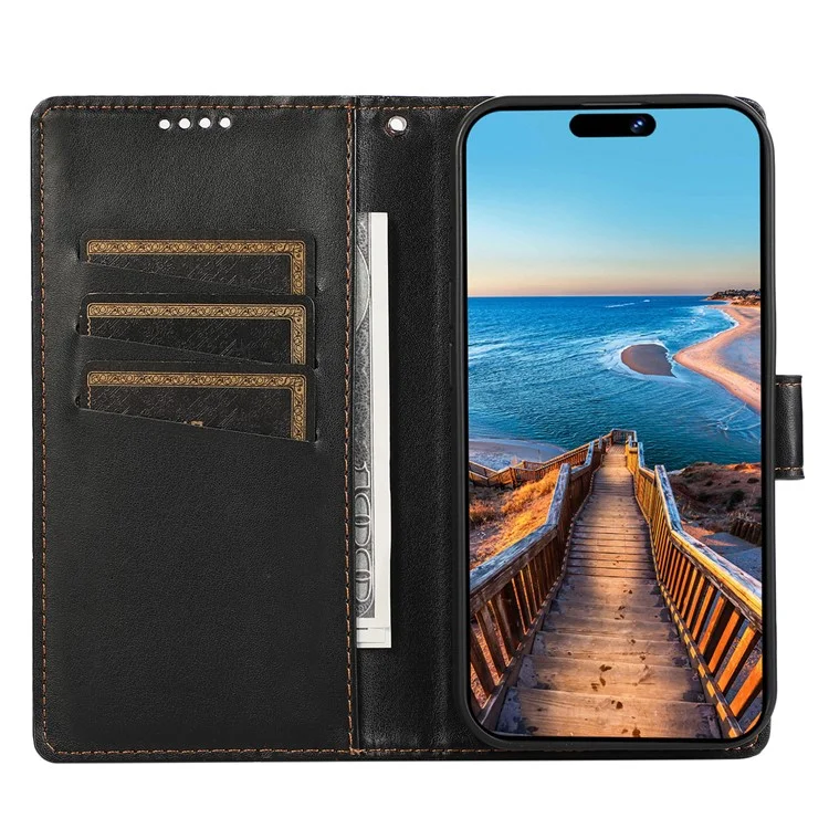 DF-06 For iPhone 15 Pro Case Lines Imprinted Cell Phone Leather Cover - Schwarz