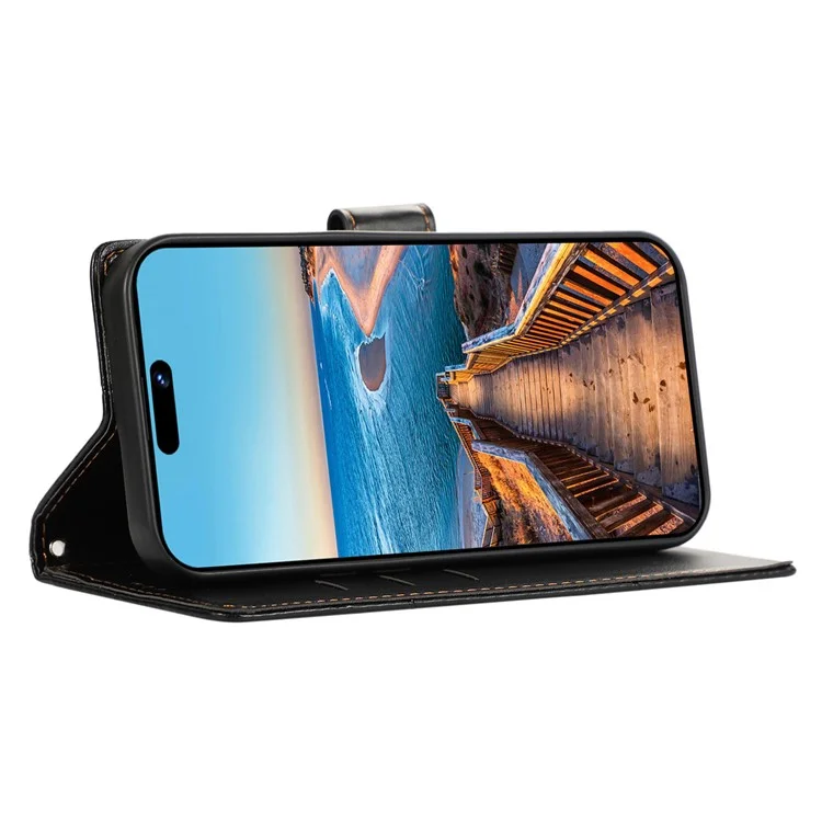 DF-06 For iPhone 15 Pro Case Lines Imprinted Cell Phone Leather Cover - Schwarz