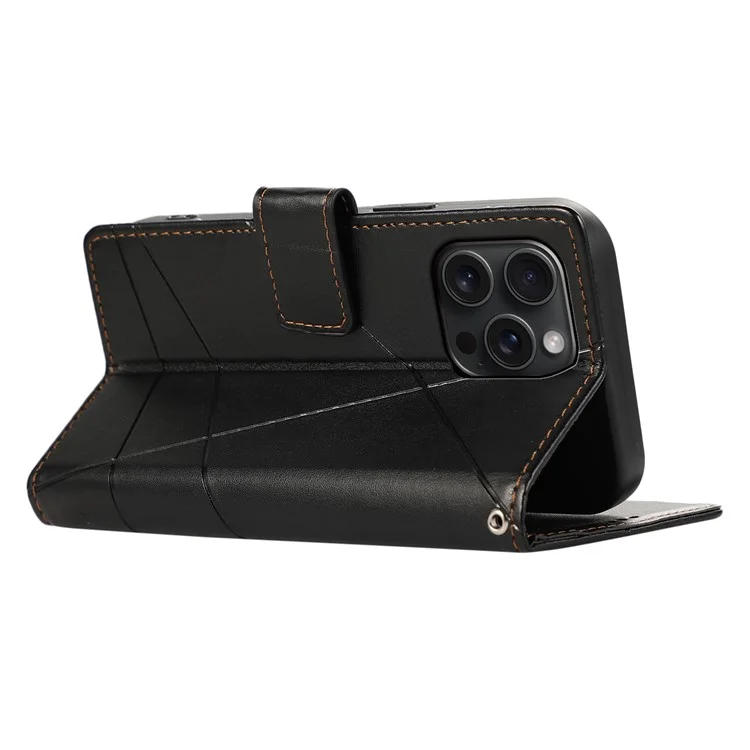 DF-06 For iPhone 15 Pro Case Lines Imprinted Cell Phone Leather Cover - Schwarz