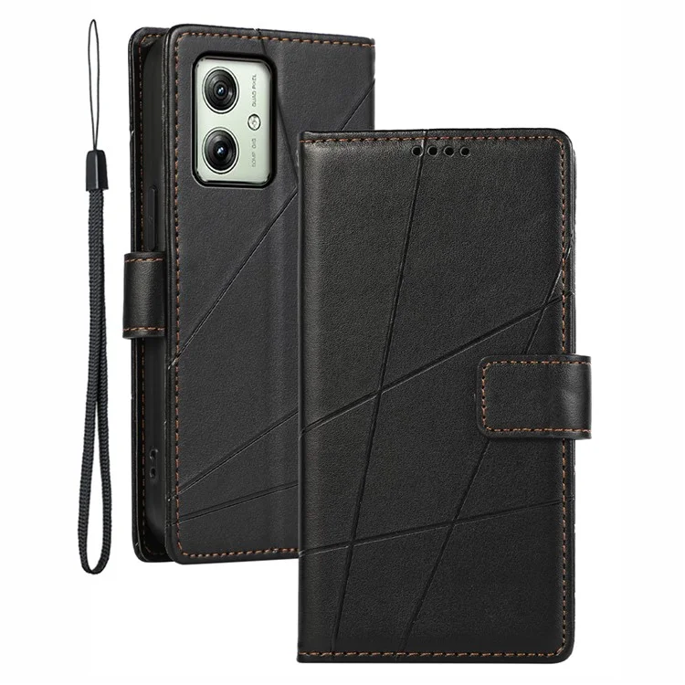 DF-06 Case para Motorola Moto G54 5G Linhas Impressas Proteção Total Capa de Telefone de Couro - Preto