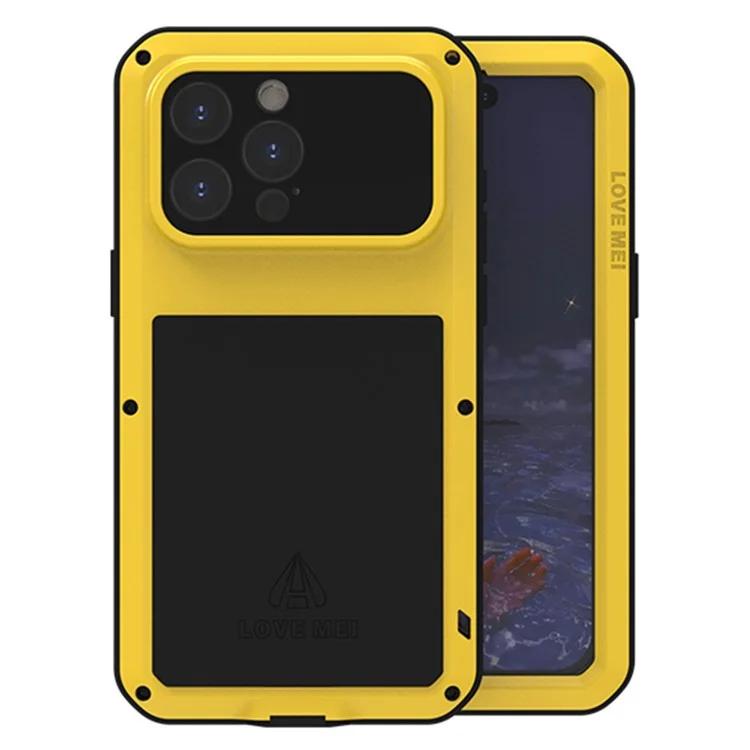 LOVE MEI Para iPhone 15 Pro Max Carcasa Película de Vidrio Templado Cubierta de Metal+Silicona - Amarillo