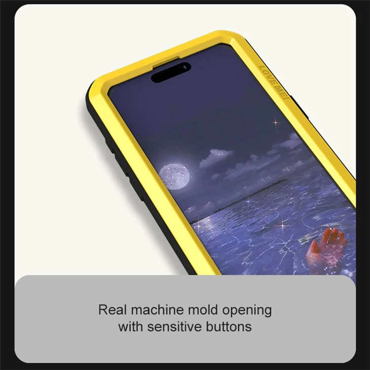 LOVE MEI Para iPhone 15 Pro Max Carcasa Película de Vidrio Templado Cubierta de Metal+Silicona - Amarillo