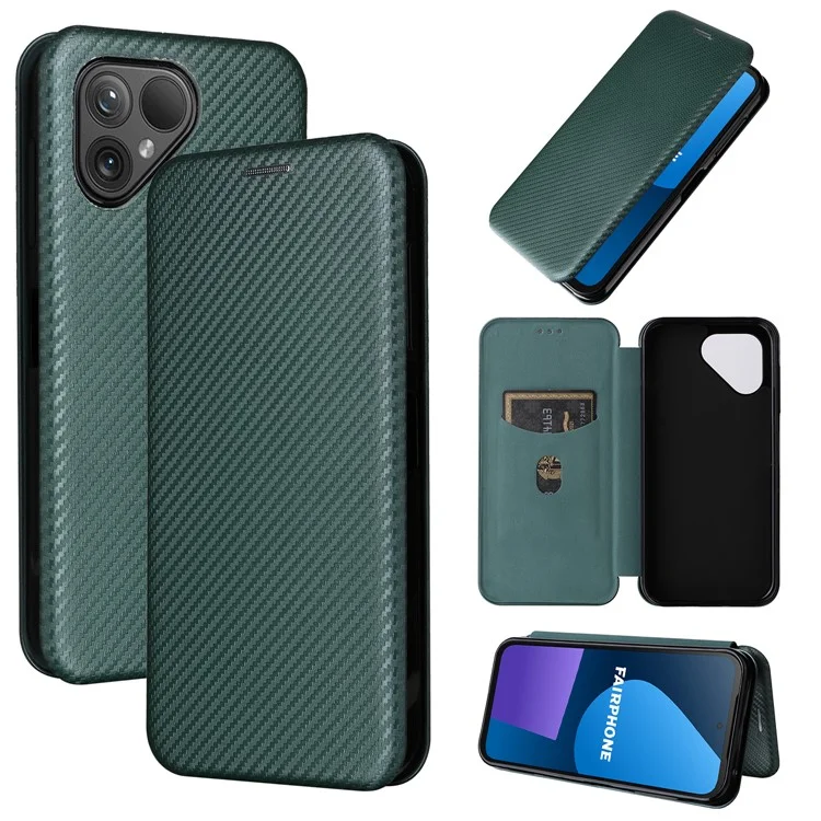 For Fairphone 5 Case Carbon Fiber Texture Phone Cover with Card Holder - Green