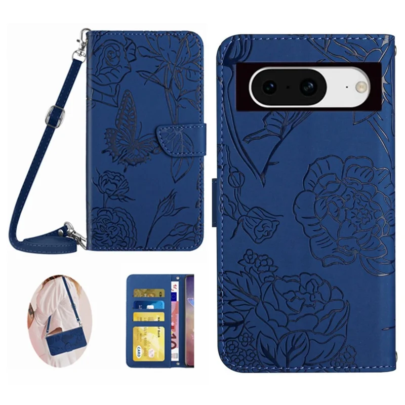 HT03 For Google Pixel 8a Case Imprinted PU Leather Mobile Phone Cover with Long Strap - Blue