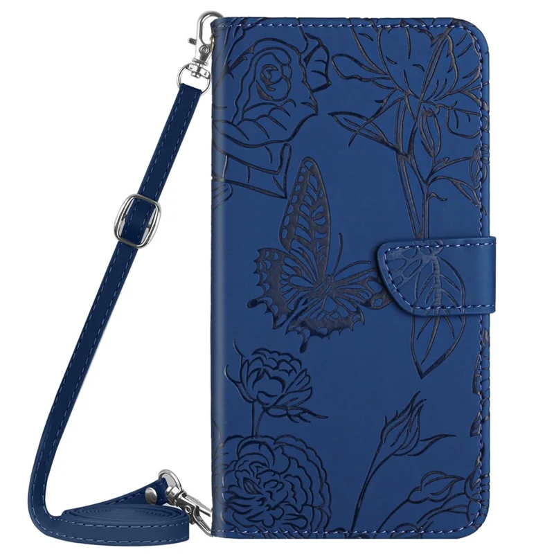 HT03 For Google Pixel 8a Case Imprinted PU Leather Mobile Phone Cover with Long Strap - Blue