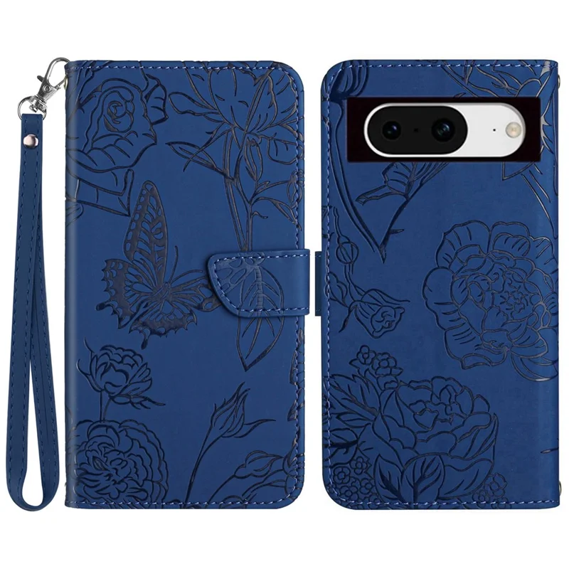 HT03 For Google Pixel 8a Cover Leather Stand Phone Wallet Case with Wrist Strap - Blue