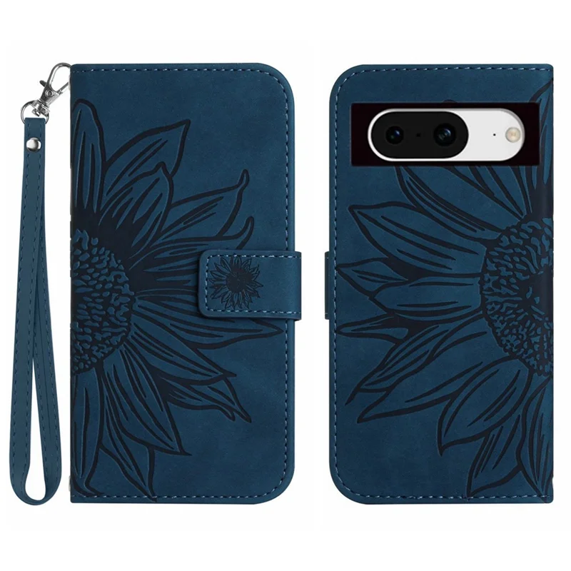 HT04 For Google Pixel 8a Cover PU Leather Stand Phone Wallet Case with Wrist Strap - Dark Blue