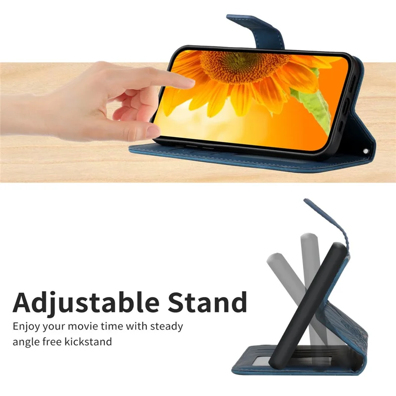 HT04 For Google Pixel 8a Cover PU Leather Stand Phone Wallet Case with Wrist Strap - Dark Blue