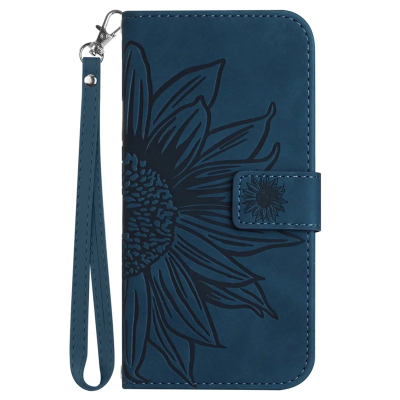 HT04 For Google Pixel 8a Cover PU Leather Stand Phone Wallet Case with Wrist Strap - Dark Blue