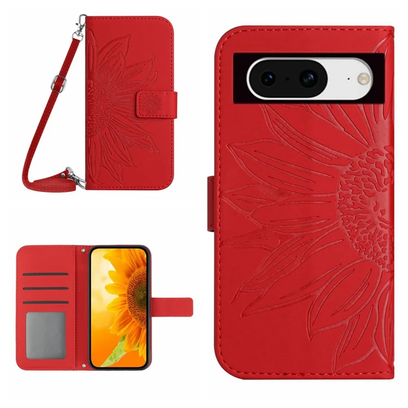 HT04 For Google Pixel 8a Case Imprinted Leather Smartphone Cover with Shoulder Strap - Red