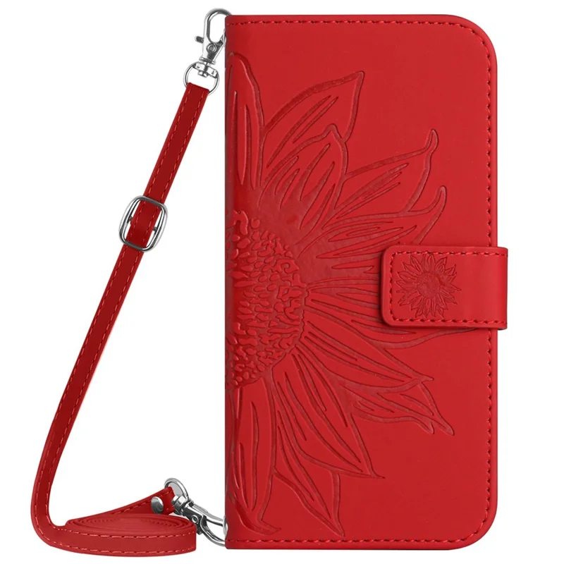 HT04 For Google Pixel 8a Case Imprinted Leather Smartphone Cover with Shoulder Strap - Red