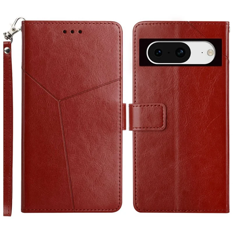 For Google Pixel 8a Case with Wrist Strap Y Shaped Lines Imprint Leather Phone Cover - Brown