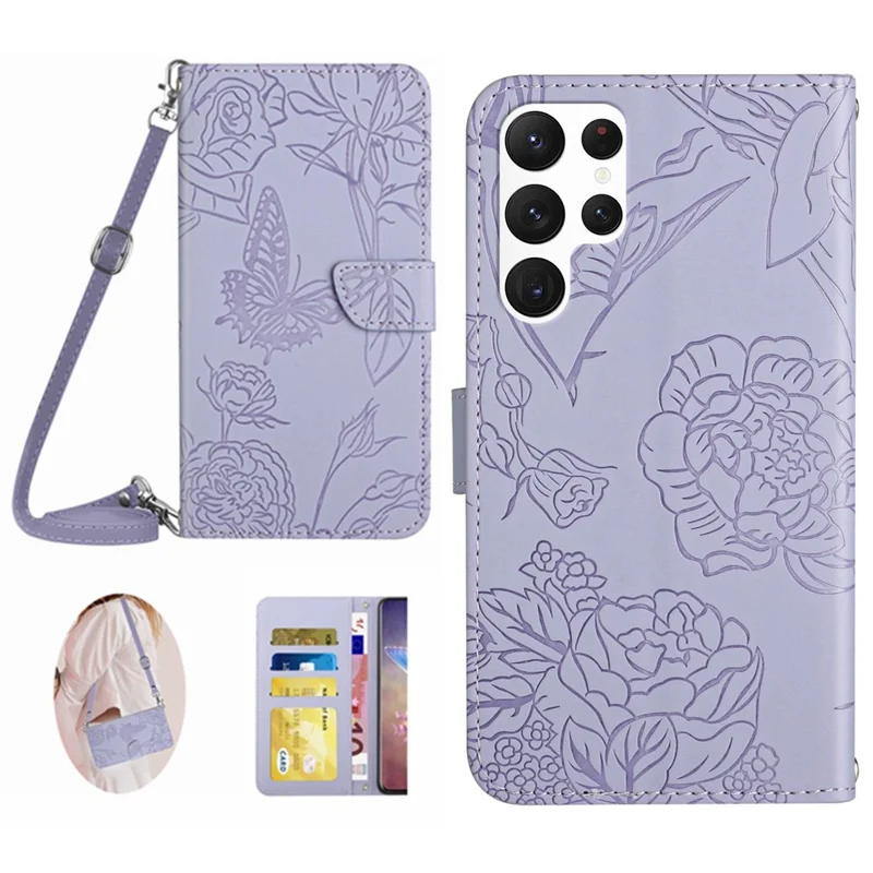 HT03 For Samsung Galaxy S24 Ultra Case Cell Phone Imprinted PU Leather Cover with Long Strap - Purple