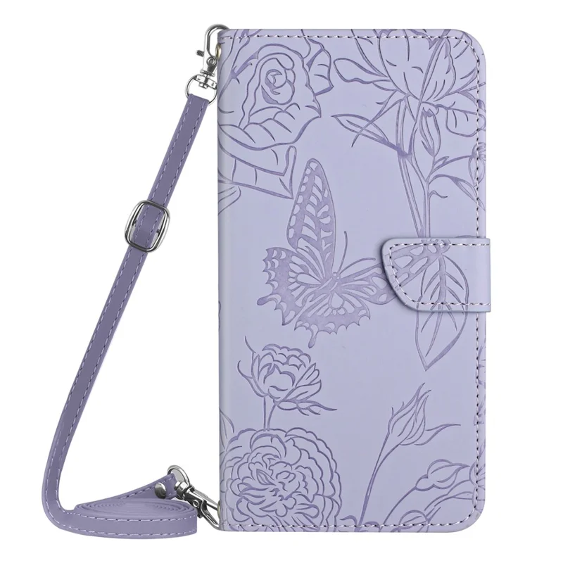 HT03 For Samsung Galaxy S24 Ultra Case Cell Phone Imprinted PU Leather Cover with Long Strap - Purple